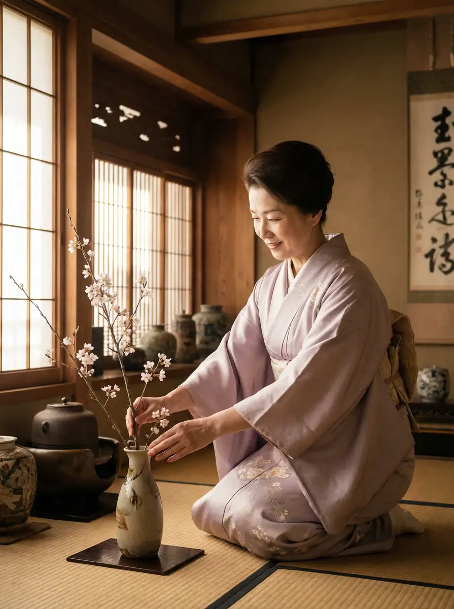 一位优雅的 60彩娱乐 在和室中插花